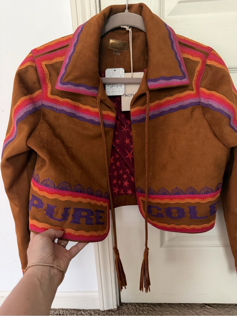 MOTHER Brown Suede Cropped Jacket with Pink & Purple Trim - Picture 7 of 9